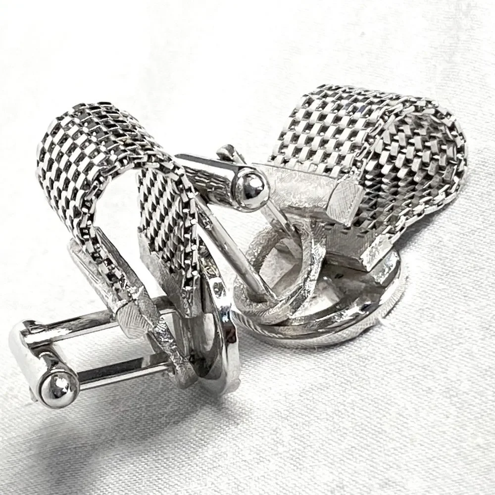 💎Silver Tone Mesh Wrap Oval Etched Cufflinks Men’s Vintage Designer